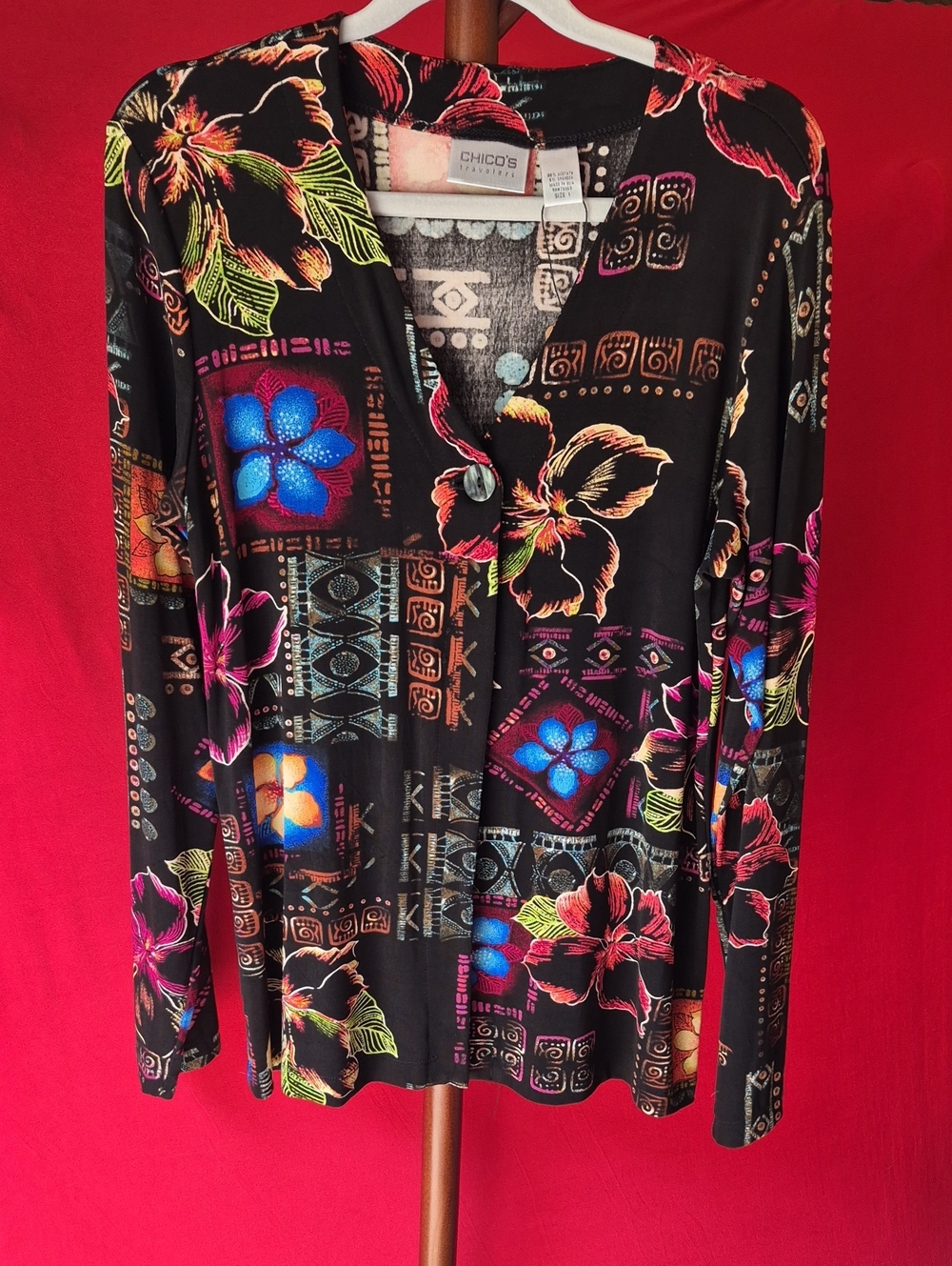 Chico's Black Top with Multicolor Floral & Geo Accents Size 1